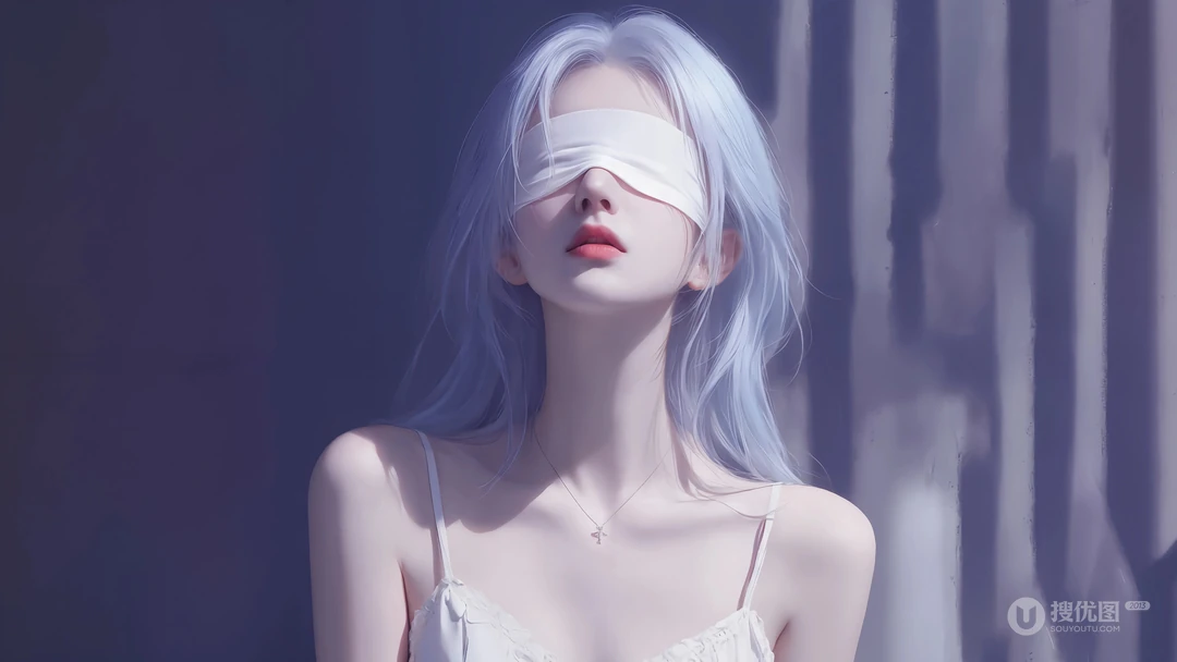 心里有光，蒙着眼睛，超好看的吊带睡衣AI美女半身照桌面壁纸