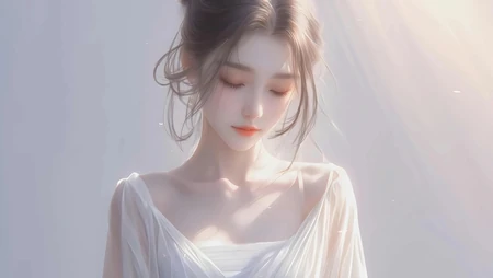 思念，无时无刻，阳光，照射 低头沉思的裙装AI养眼美女桌面壁纸图片