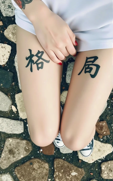 大腿纹着&ldquo;格局&rdquo;二字的纹身美女下半身近照手机壁纸图片