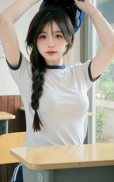 校园女生，坐在教室课桌上的运动校服美少女写真手机壁纸
