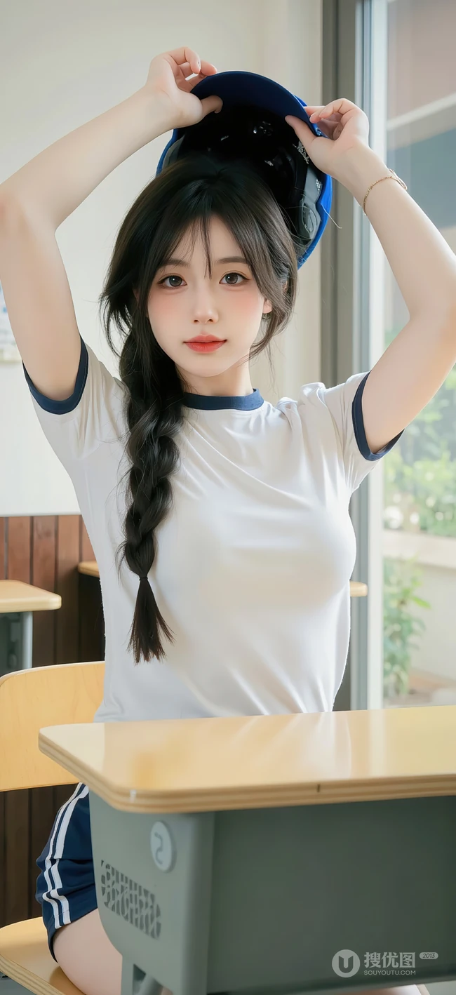 校园女生，坐在教室课桌上的运动校服美少女写真手机壁纸
