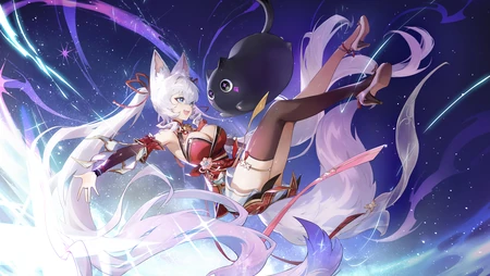 二次元兽耳少女与黑猫星空互动壁纸
