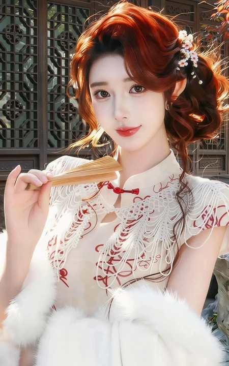 古风旗袍红发美女手持折扇唯美写真