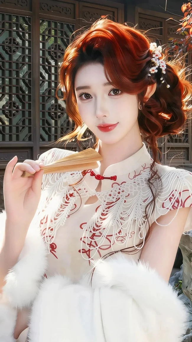 古风旗袍红发美女手持折扇唯美写真