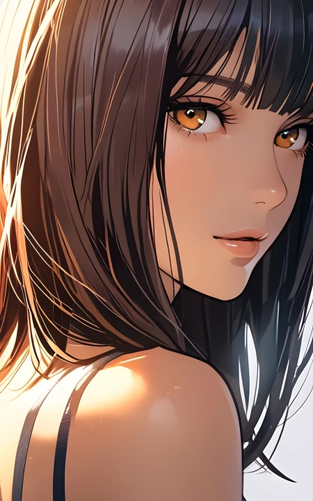 动漫风格唯美阳光黑发美女橙瞳插画壁纸