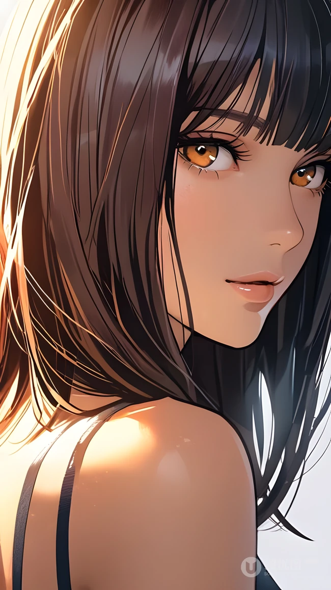 动漫风格唯美阳光黑发美女橙瞳插画壁纸