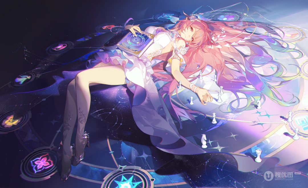梦幻粉发二次元少女与魔法象棋唯美壁纸