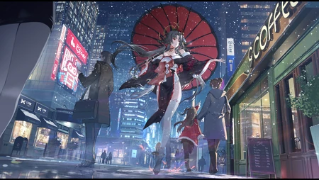 雪夜都市街道撑红伞和服动漫少女壁纸