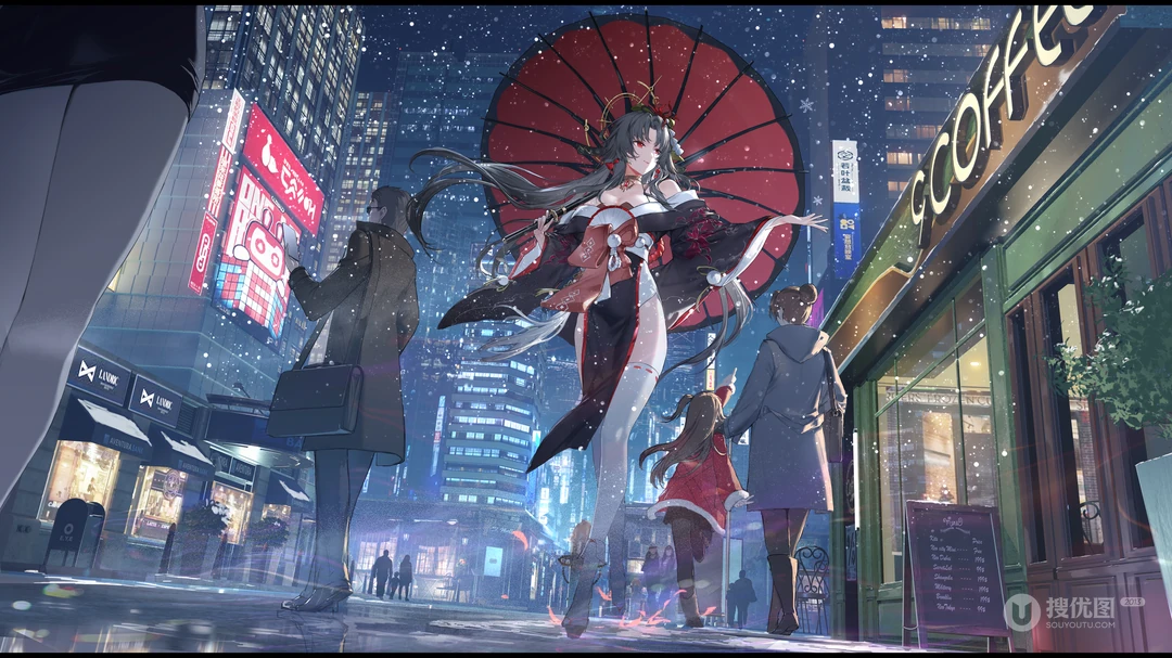 雪夜都市街道撑红伞和服动漫少女壁纸