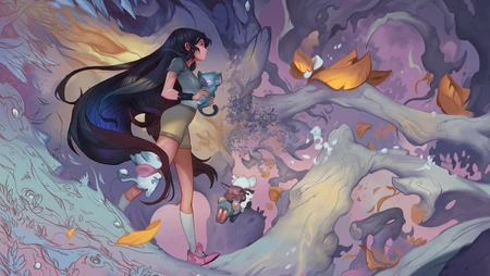 奇幻森林抱猫长发少女动漫插画壁纸
