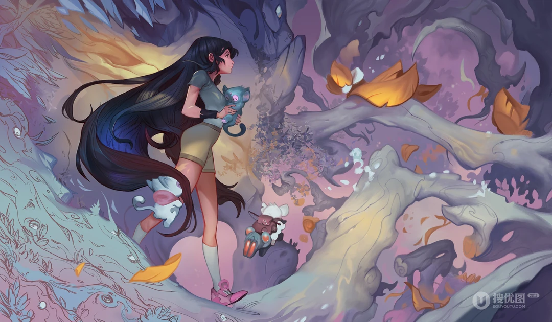 奇幻森林抱猫长发少女动漫插画壁纸