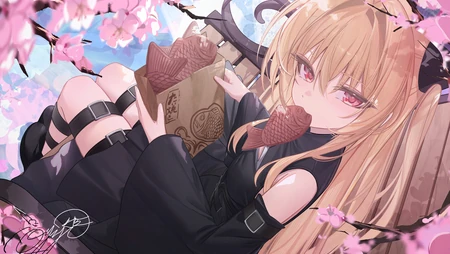 樱花树下吃鲷鱼烧的金发二次元少女壁纸