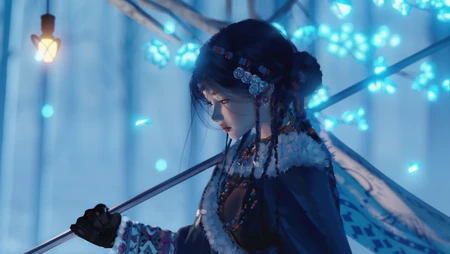 冷色蓝光下撑伞的古风动漫少女壁纸