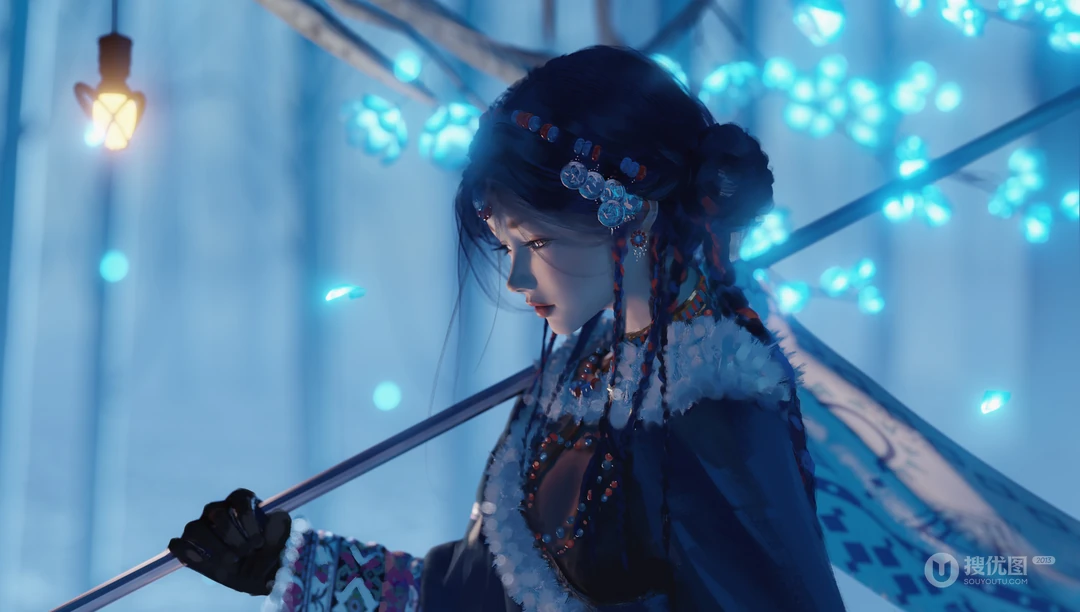 冷色蓝光下撑伞的古风动漫少女壁纸