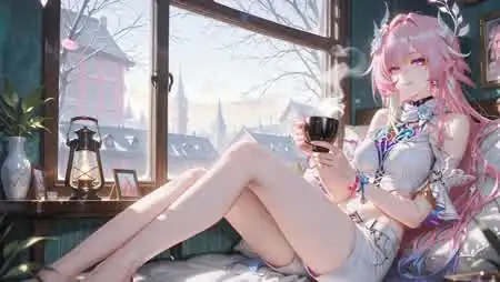 窗边休憩的粉发动漫少女冬日居家壁纸