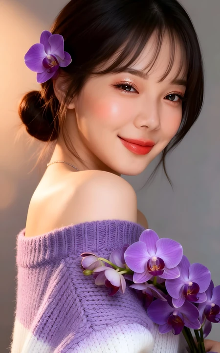 温柔气质紫调毛衣美女蝴蝶兰写真壁纸