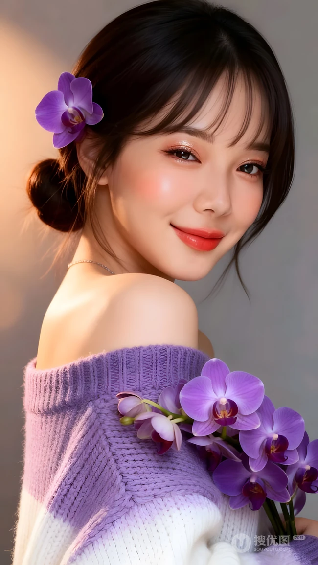 温柔气质紫调毛衣美女蝴蝶兰写真壁纸