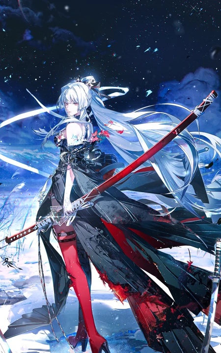 星空下持红刀的白发绝美二次元少女壁纸