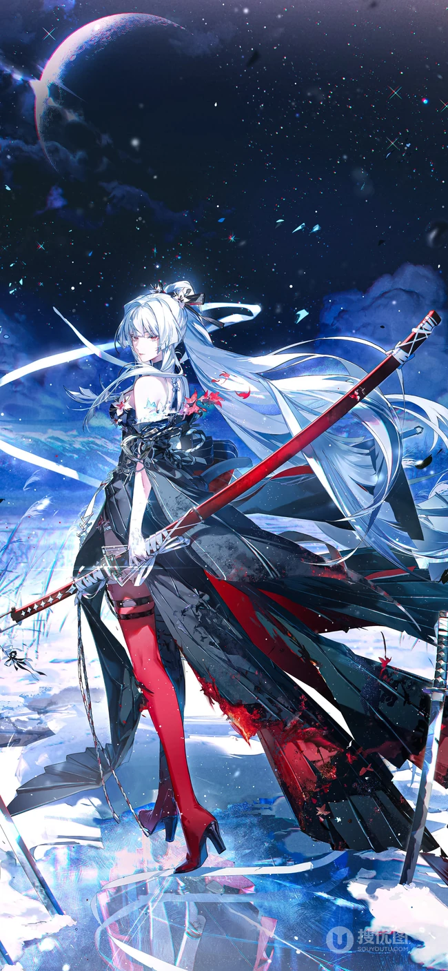 星空下持红刀的白发绝美二次元少女壁纸