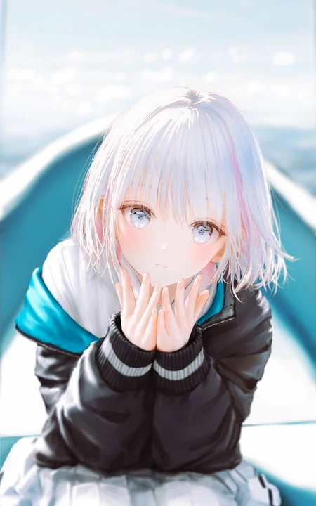 海边白发蓝瞳二次元少女手机壁纸