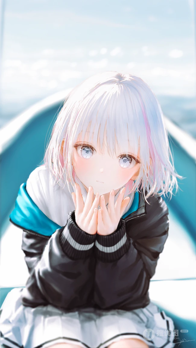 海边白发蓝瞳二次元少女手机壁纸