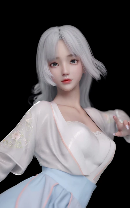 银发汉服古风3D美少女纯黑背景壁纸