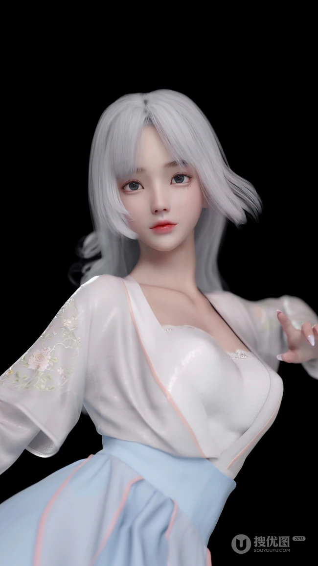 银发汉服古风3D美少女纯黑背景壁纸