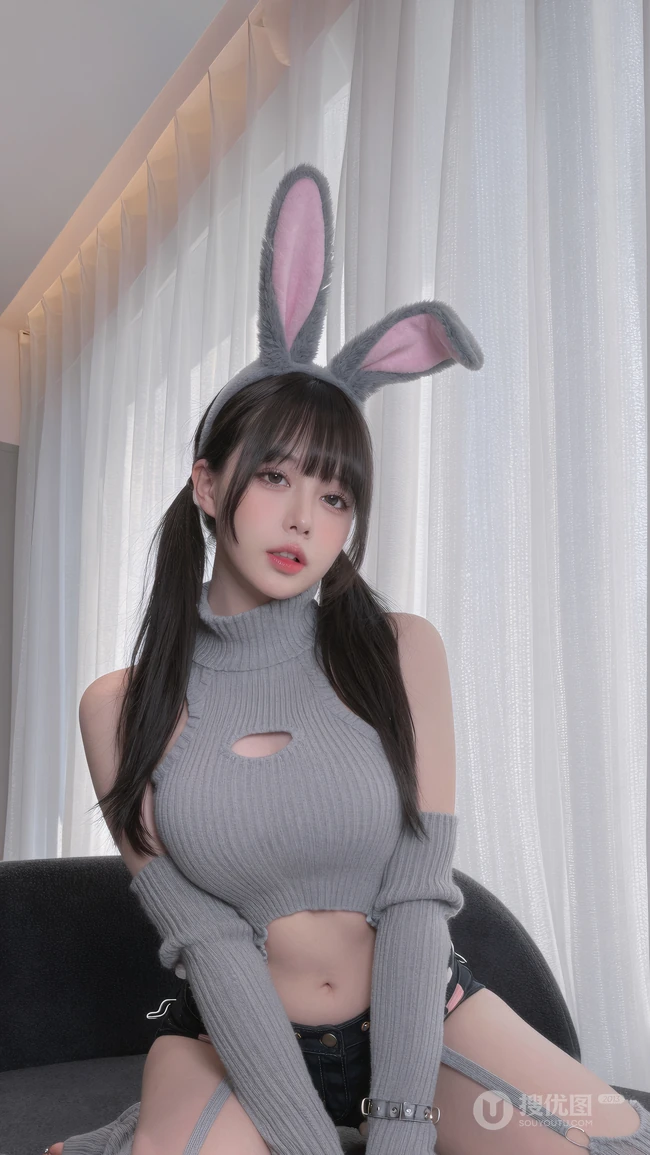 软萌兔耳发箍双马尾美女居家私房写真