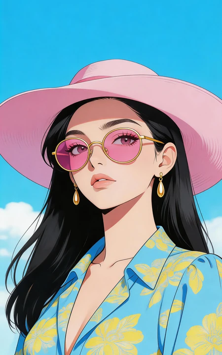 海贼王风格妮可&middot;罗宾度假风半身插画手机壁纸