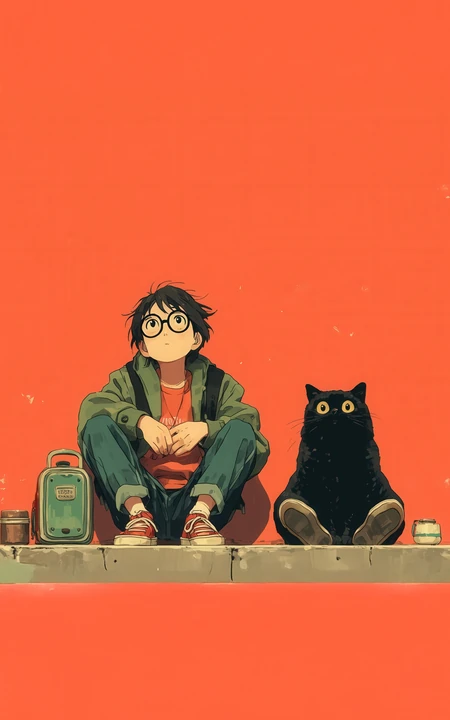 戴眼镜少年与黑猫并排坐治愈卡通插画壁纸