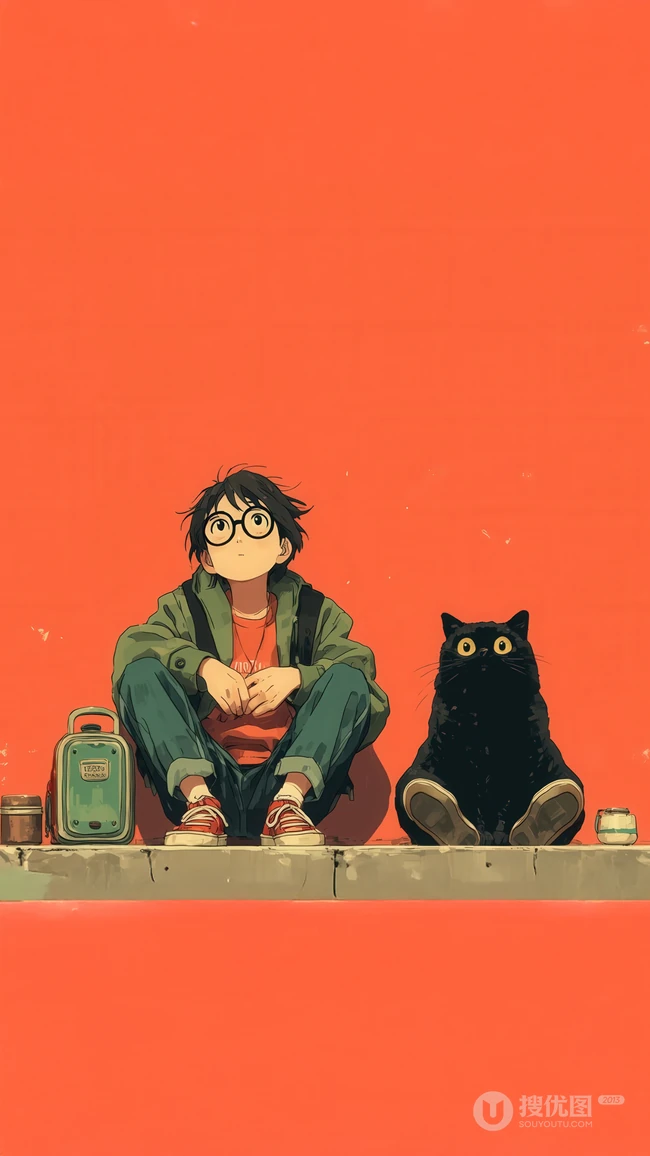 戴眼镜少年与黑猫并排坐治愈卡通插画壁纸