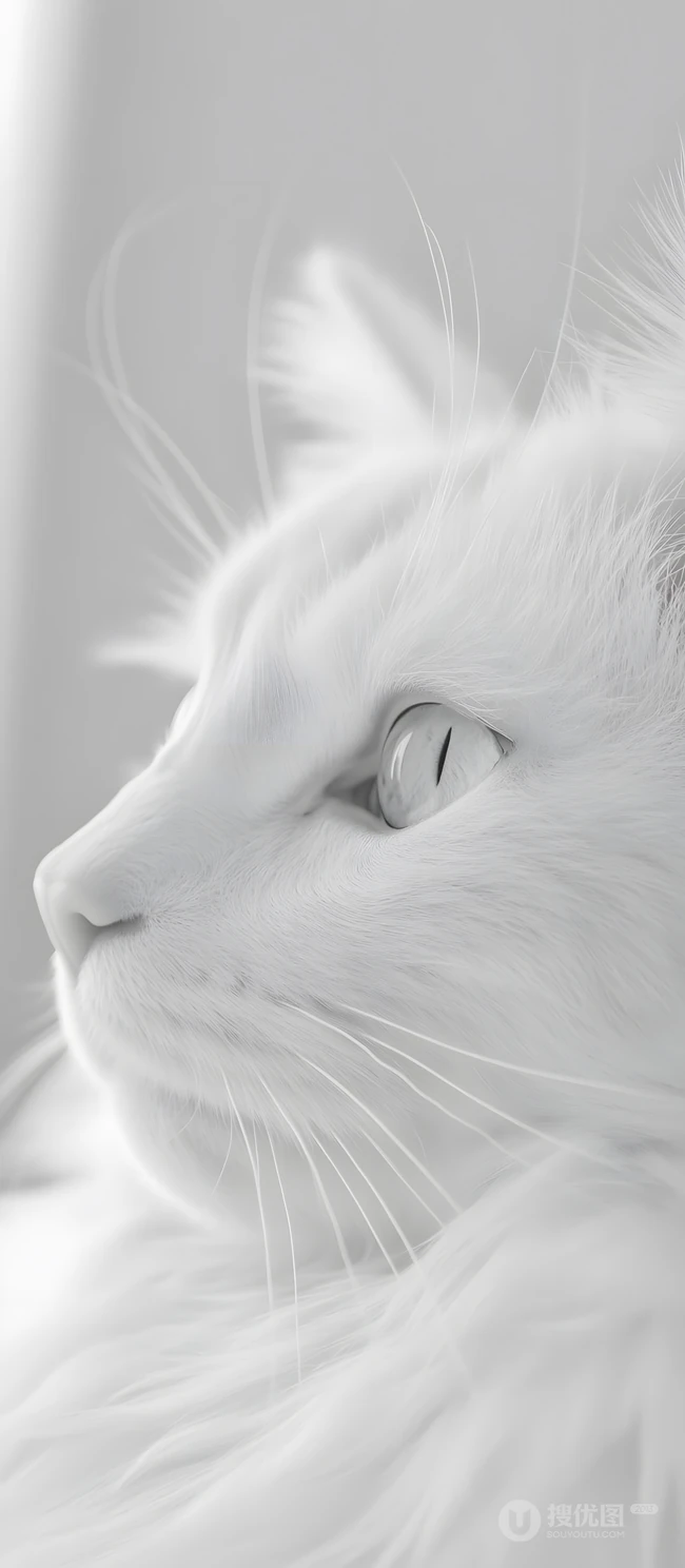 纯白长毛猫咪侧脸特写治愈手机壁纸