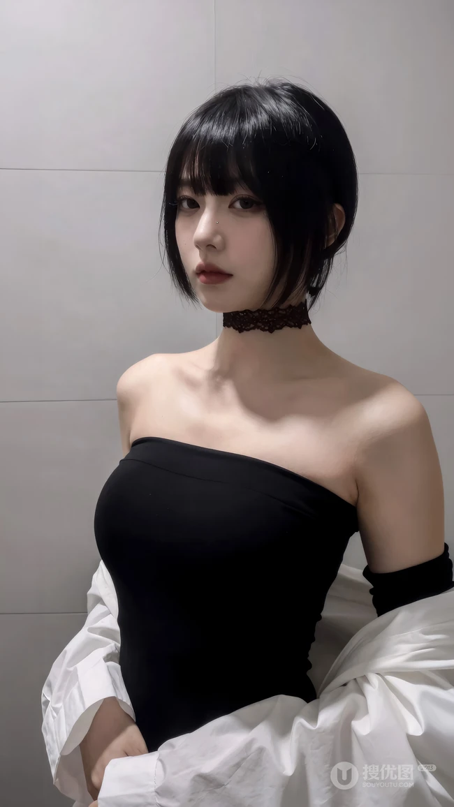 冷艳短发美女黑色抹胸御姐风穿搭写真