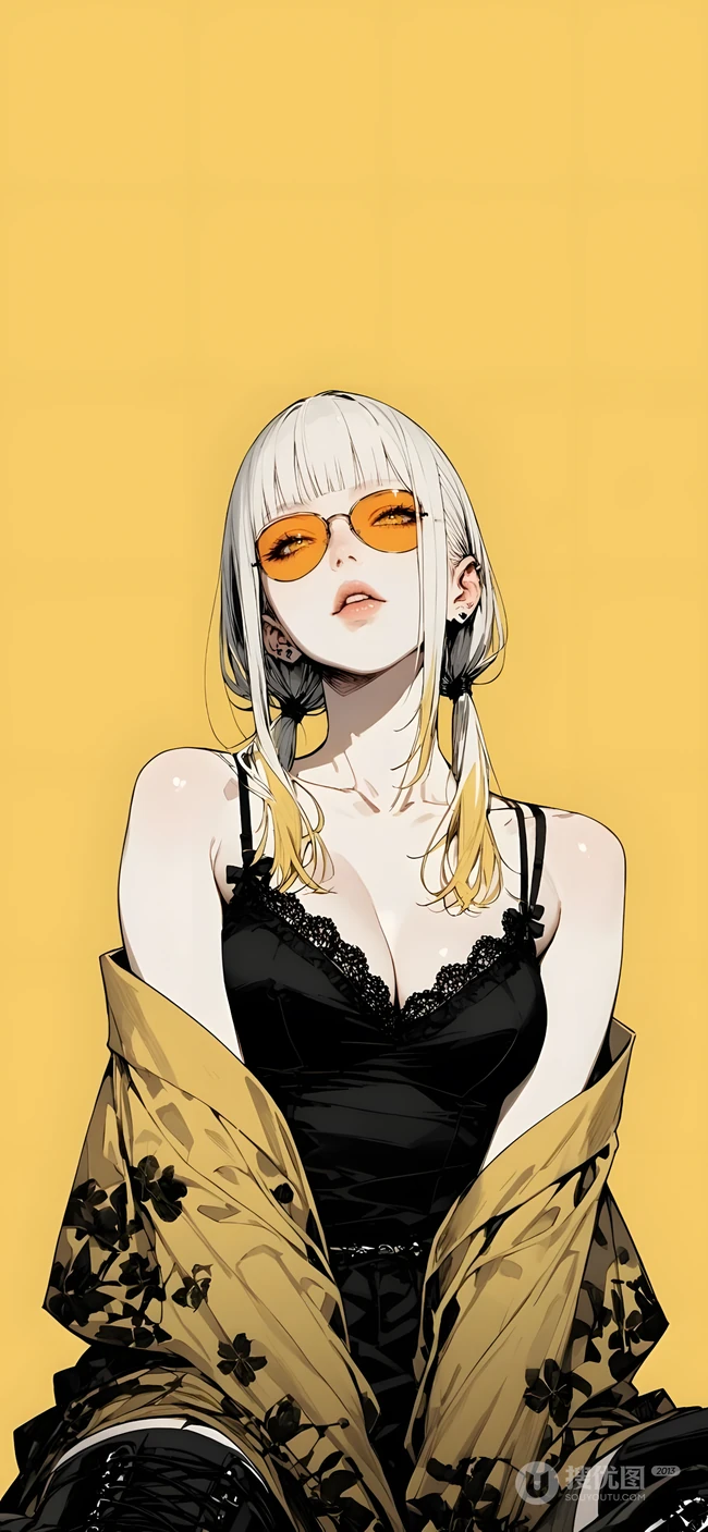黄底潮酷银发少女酷炫个性手机壁纸
