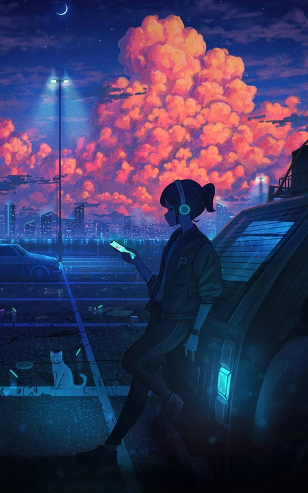 赛博朋克风夜晚城市动漫少女壁纸