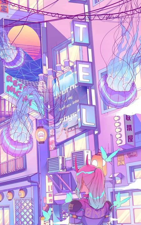 紫调赛博朋克城市街道少女插画