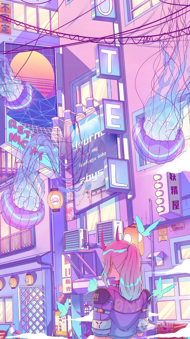 紫调赛博朋克城市街道少女插画