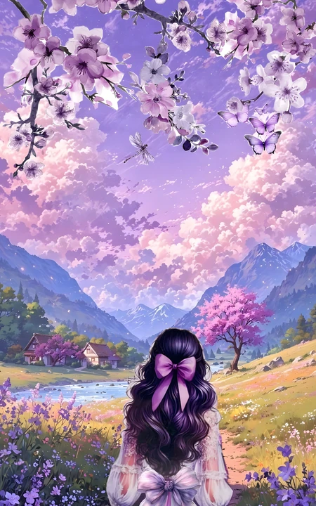 紫樱花下女孩眺望梦幻山谷春日风景