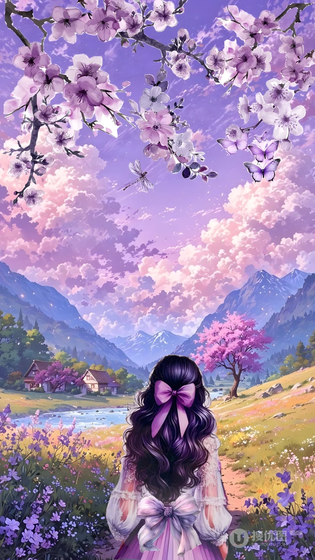 紫樱花下女孩眺望梦幻山谷春日风景