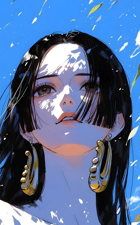 蓝天艳阳下的黑发动漫少女系列插画