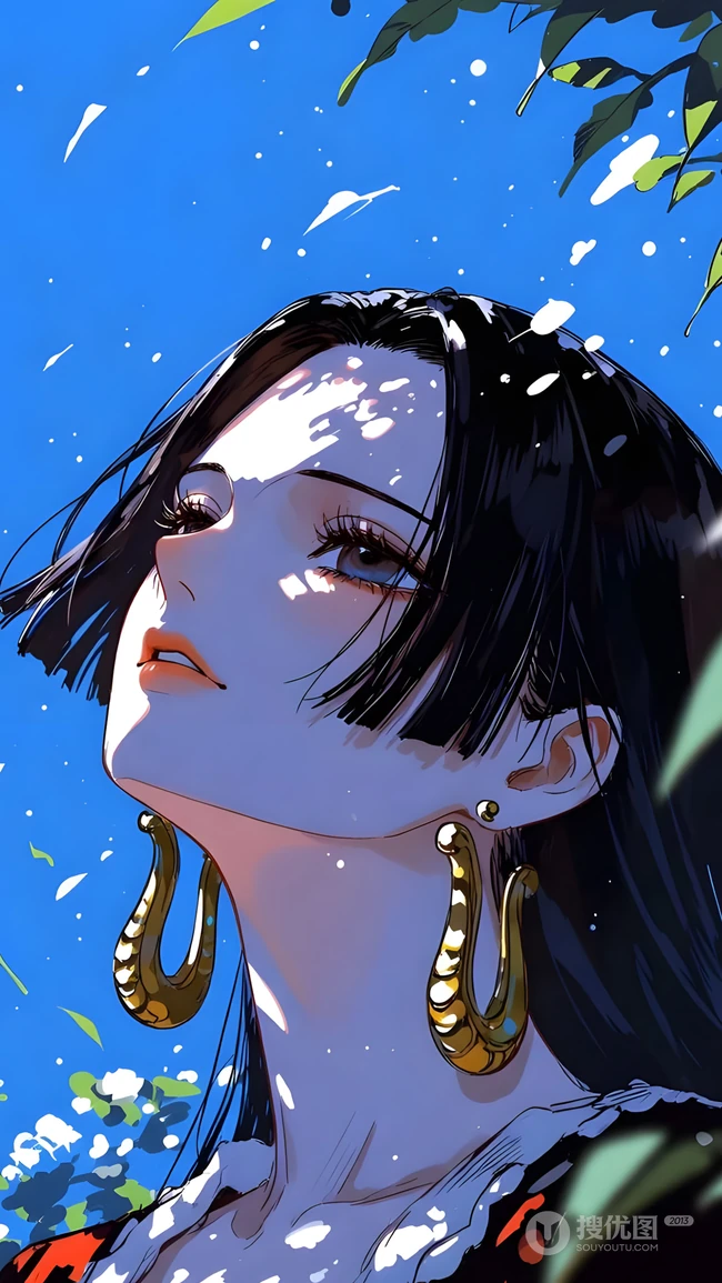 蓝天艳阳下的黑发动漫少女系列插画