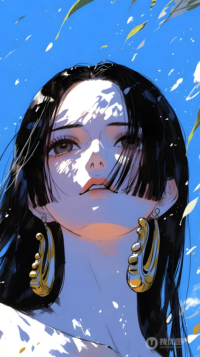 蓝天艳阳下的黑发动漫少女系列插画