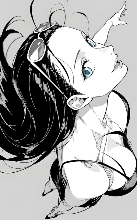 黑白风戴墨镜蓝眼长发二次元美少女插画