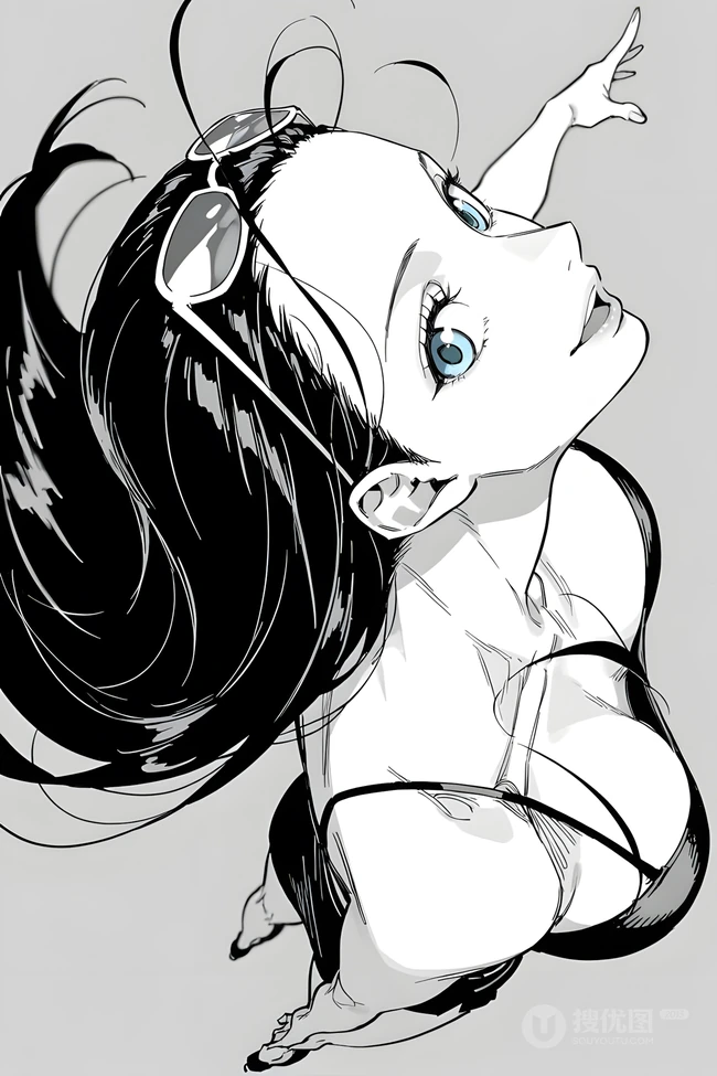 黑白风戴墨镜蓝眼长发二次元美少女插画