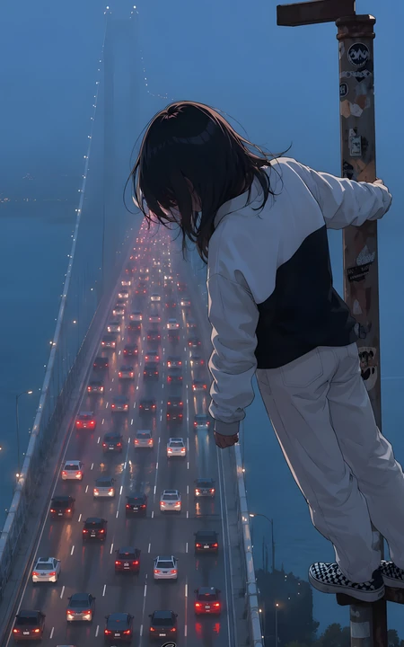 黄昏蓝调时分少女俯瞰拥堵跨江大桥