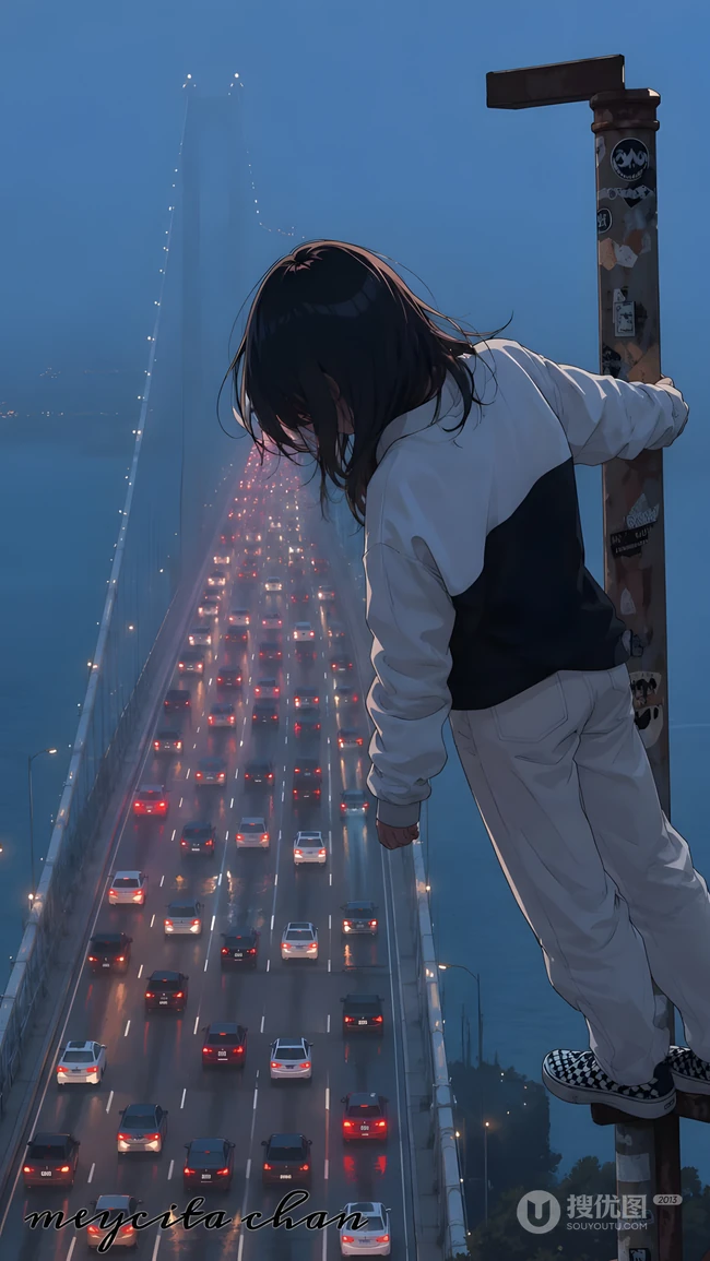 黄昏蓝调时分少女俯瞰拥堵跨江大桥