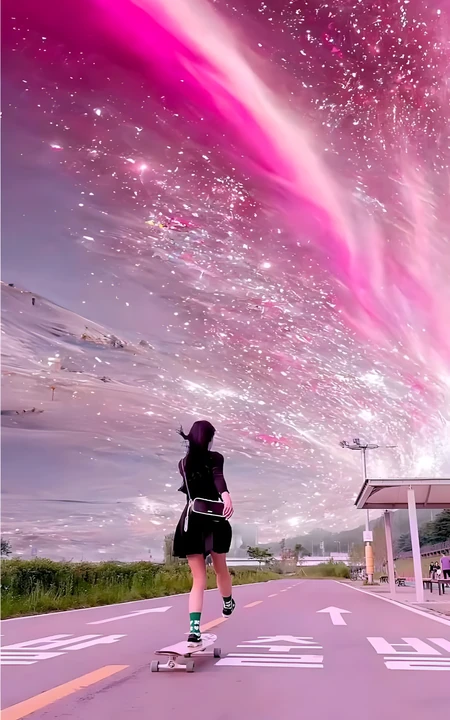 公路滑滑板少女与粉紫色梦幻星空创意合成