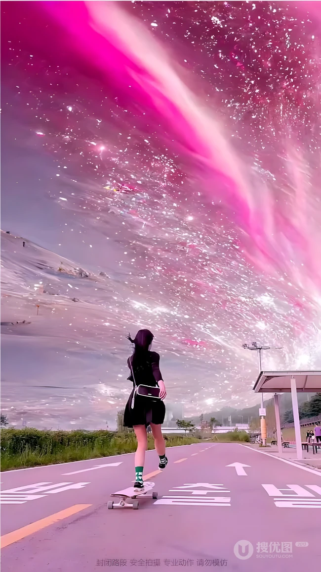 公路滑滑板少女与粉紫色梦幻星空创意合成