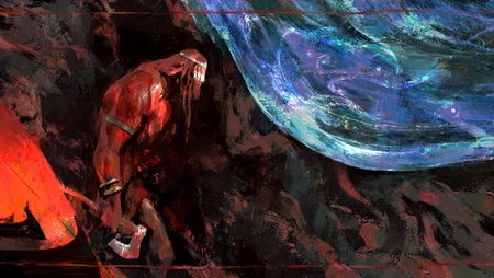 红黑蓝撞色奇幻风持斧巨人创意油画壁纸