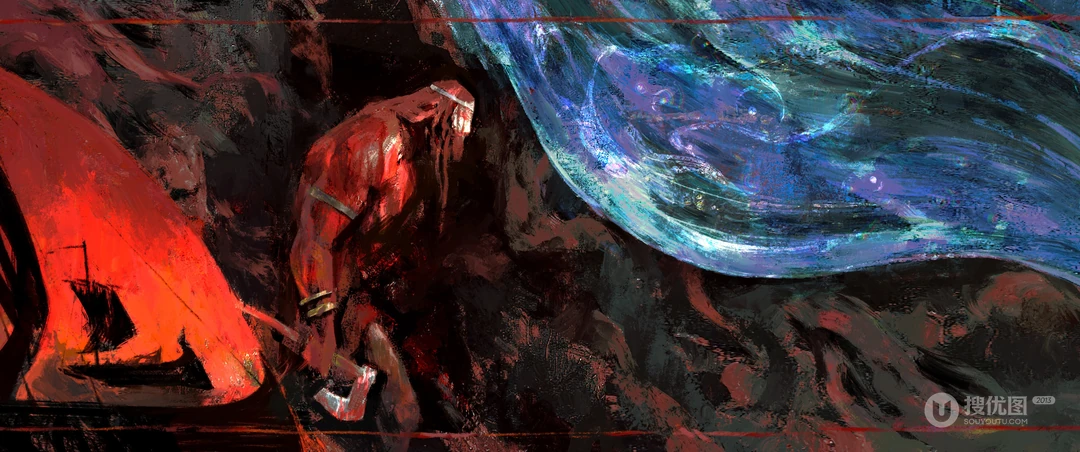 红黑蓝撞色奇幻风持斧巨人创意油画壁纸